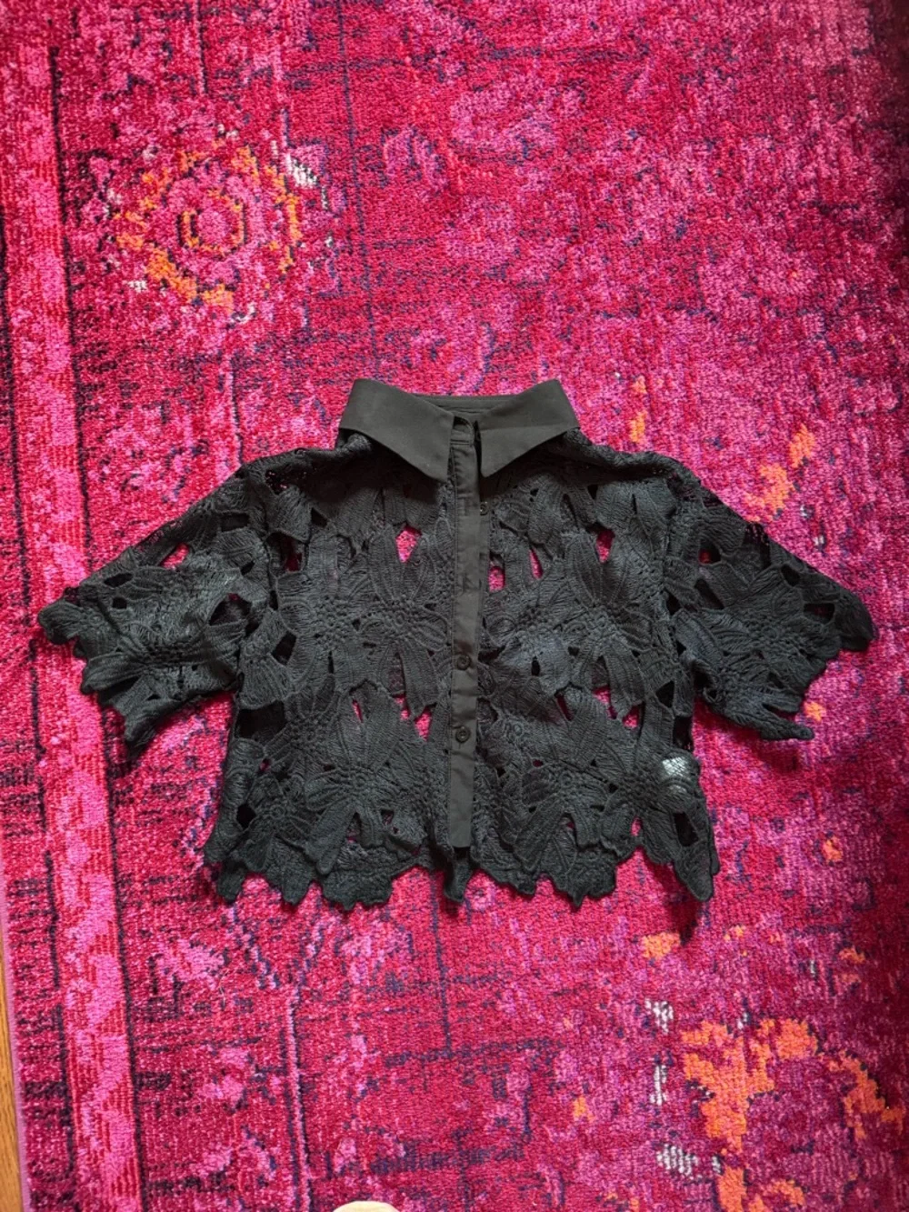Sheer Black Floral Crochet Button-Up Top - Picture 2 of 2